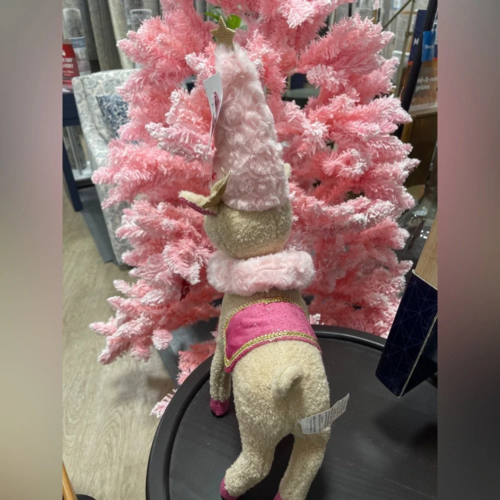 Pink Christmas Reindeer With Pink Tree hat & Wreath plush pillow NWT